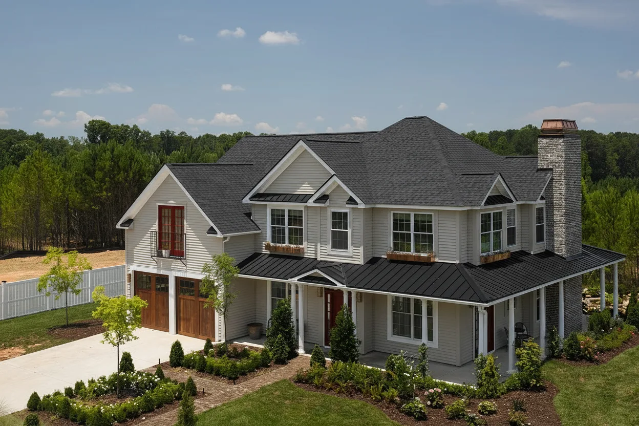 Greige house with Black roof using Landmark Pro Cinder Black