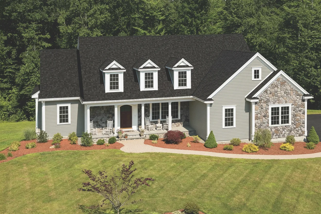 Greige house with Black roof using Cambridge Dual Black