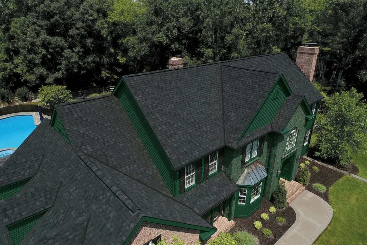 Hunter Green house with Black roof using Dynasty Granite Black