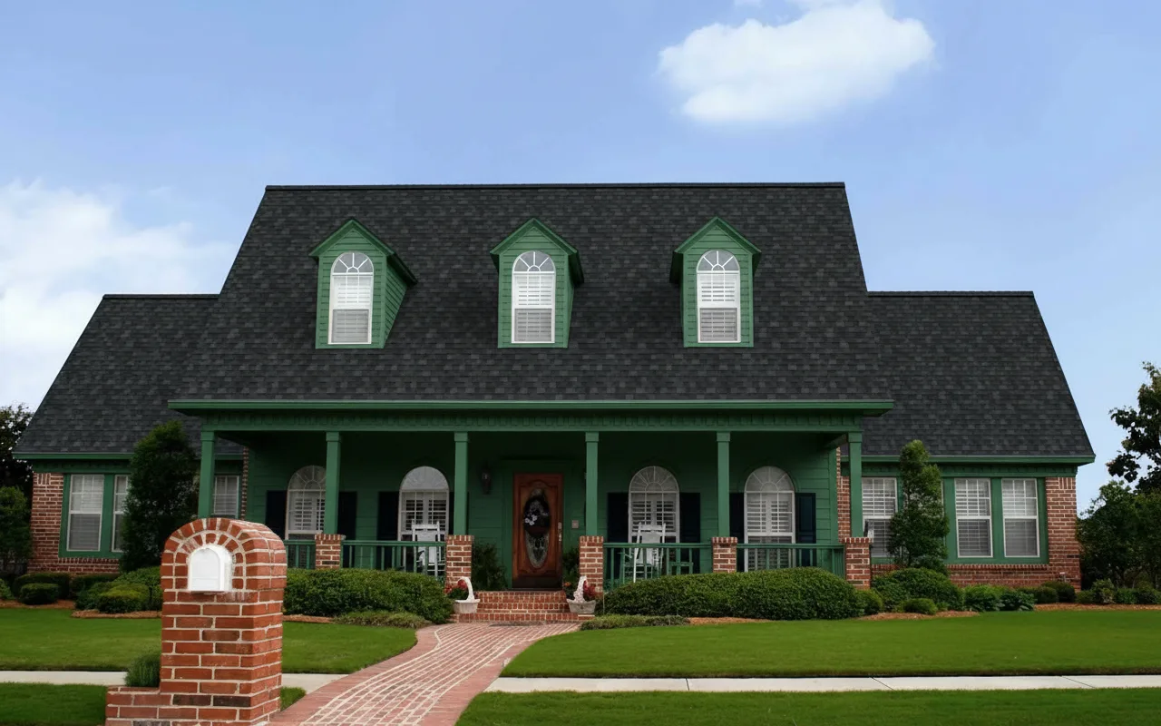 Hunter Green house with Black roof using Duration Onyx Black