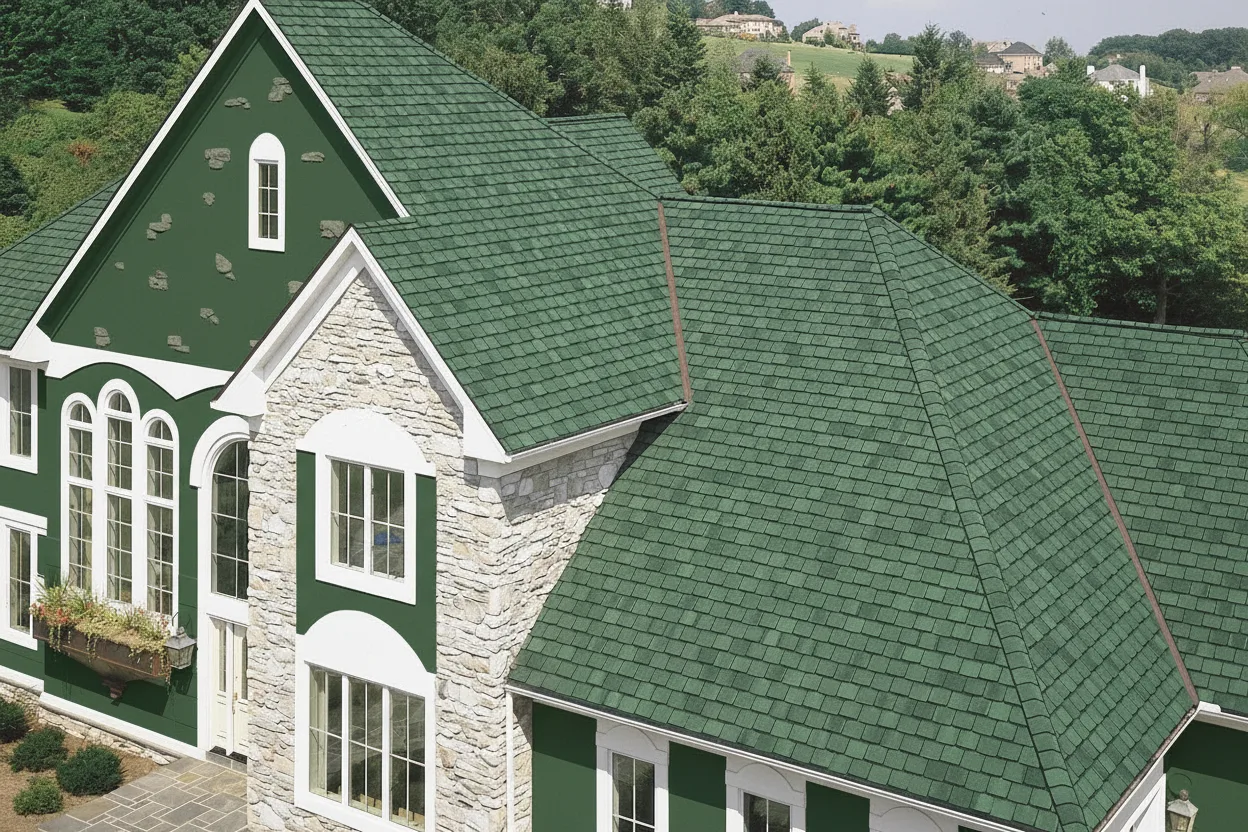 Hunter Green house with Charcoal roof using Grand Manor Sherwood Forest