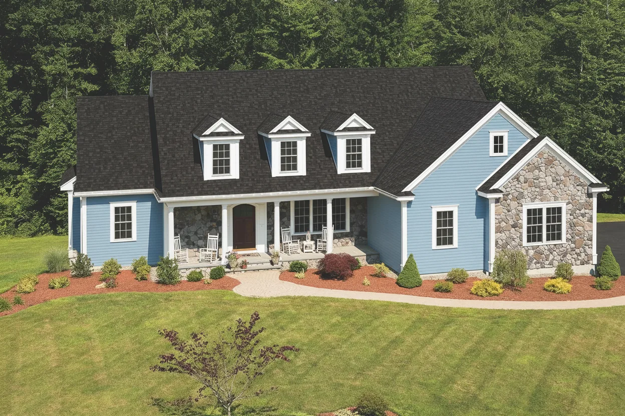 Light Blue house with Black roof using Cambridge Dual Black