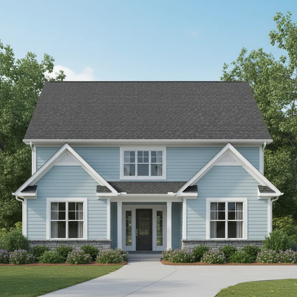Light Blue house with Black roof using Royal Estate Shadow Slate