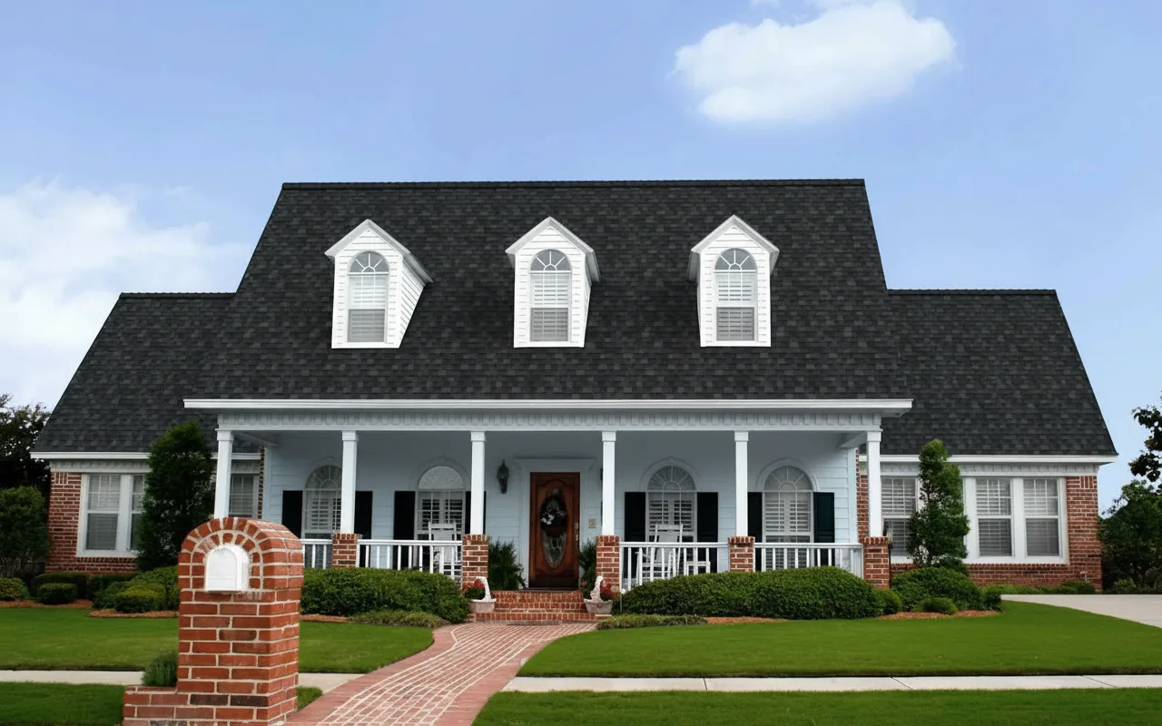 Light Blue house with Black roof using Duration Onyx Black