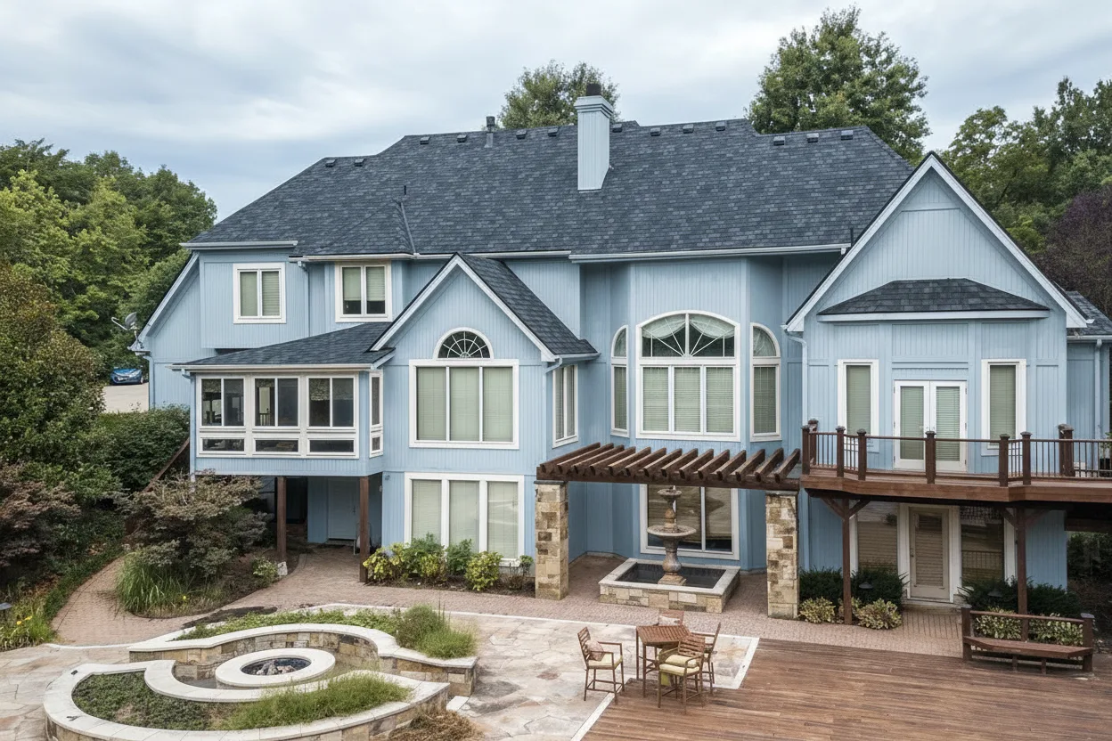 Light Blue house with Charcoal roof using Belmont Black Granite