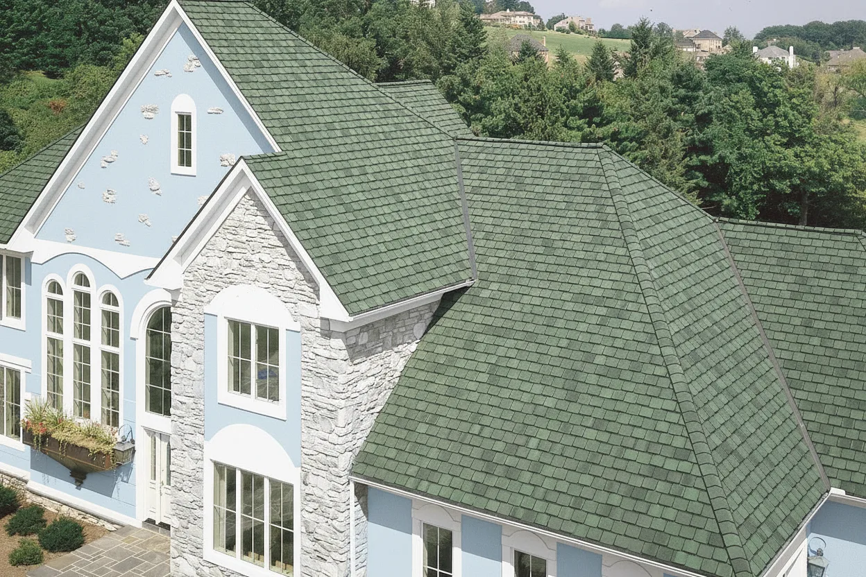 Light Blue house with Charcoal roof using Grand Manor Sherwood Forest