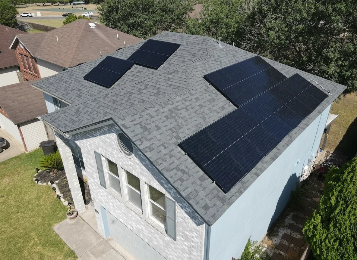 Light Blue house with Charcoal roof using Duration Estate Gray