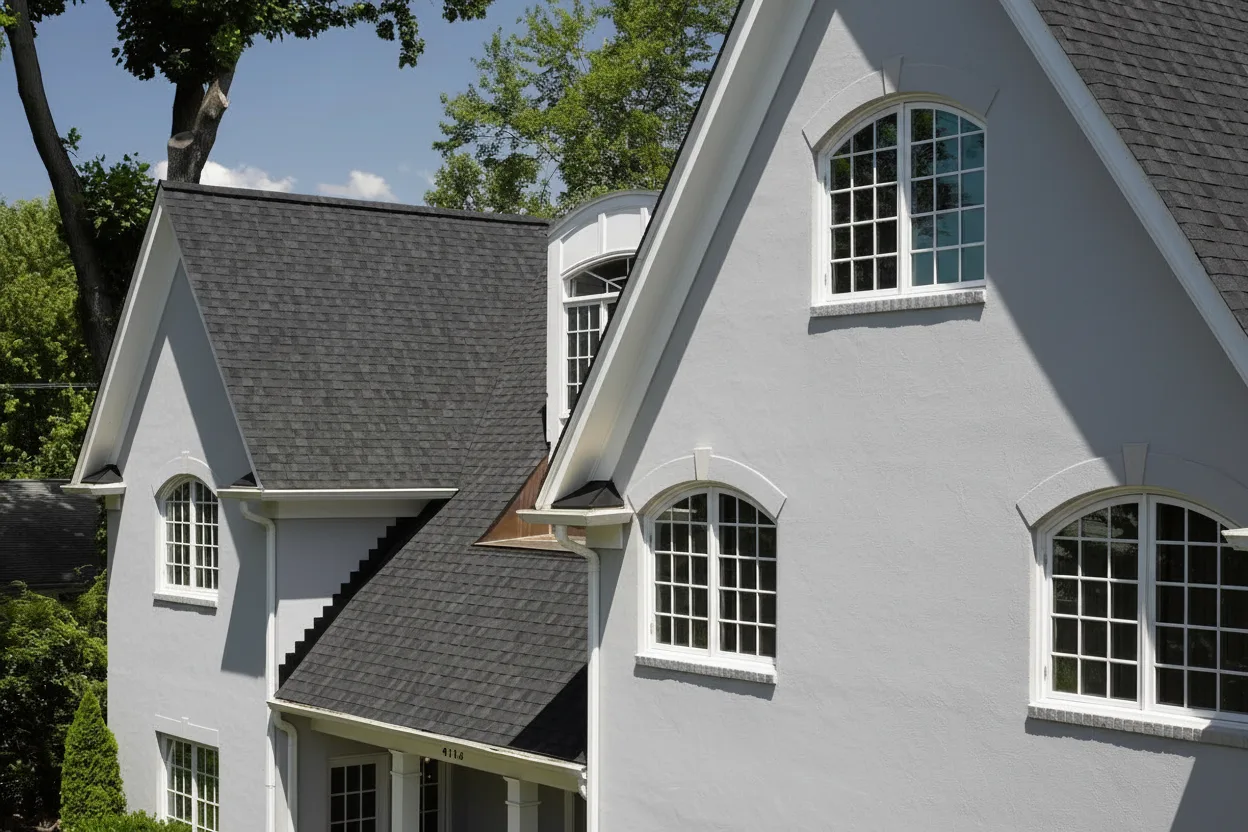 Light Gray house with Black roof