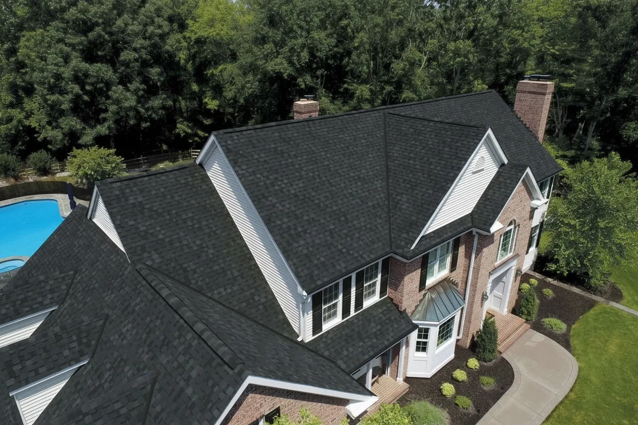 Light Gray house with Black roof using Dynasty Granite Black