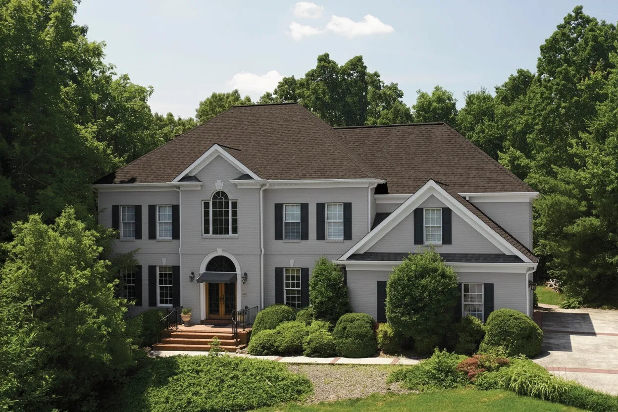 Light Gray house with Brown roof using Landmark Pro Max Def Heather Blend