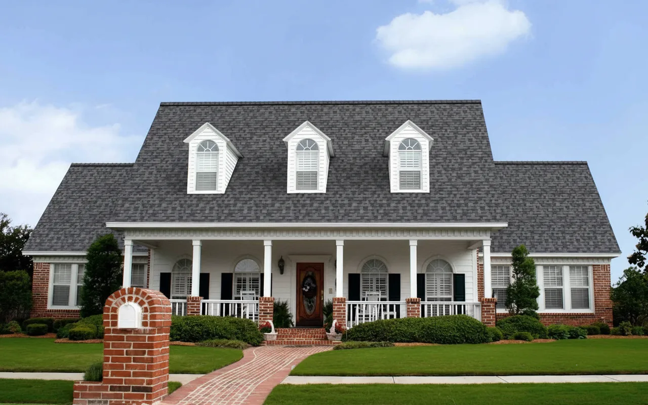 Light Gray house with Charcoal roof using Duration Midnight Plum