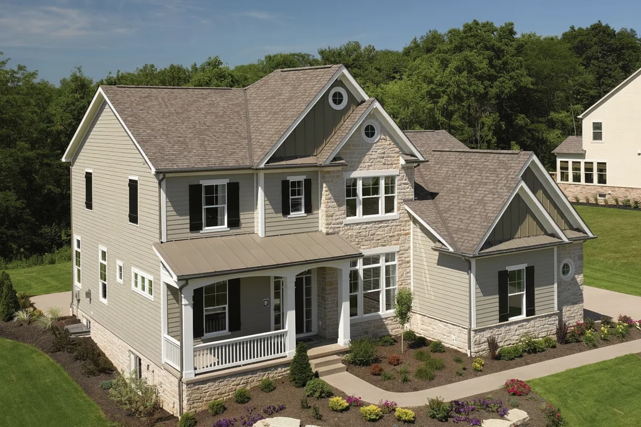 Light Gray house with Weathered Wood roof using Landmark Weathered Wood