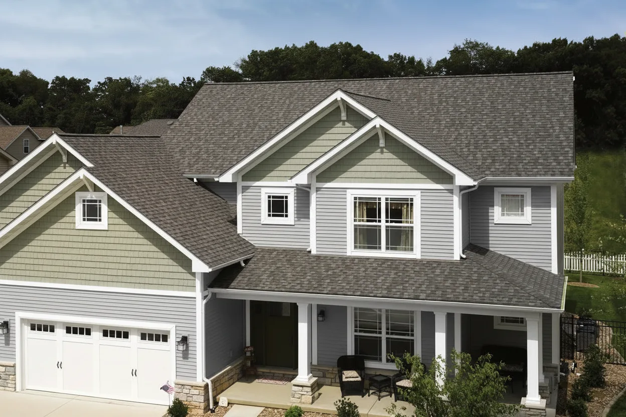 Light Gray house with Weathered Wood roof using Northgate Climateflex Max Def Driftwood