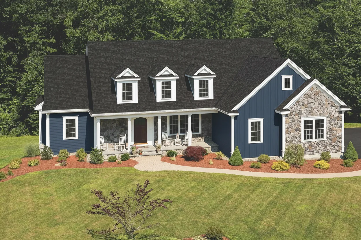 Navy house with Black roof using Cambridge Dual Black