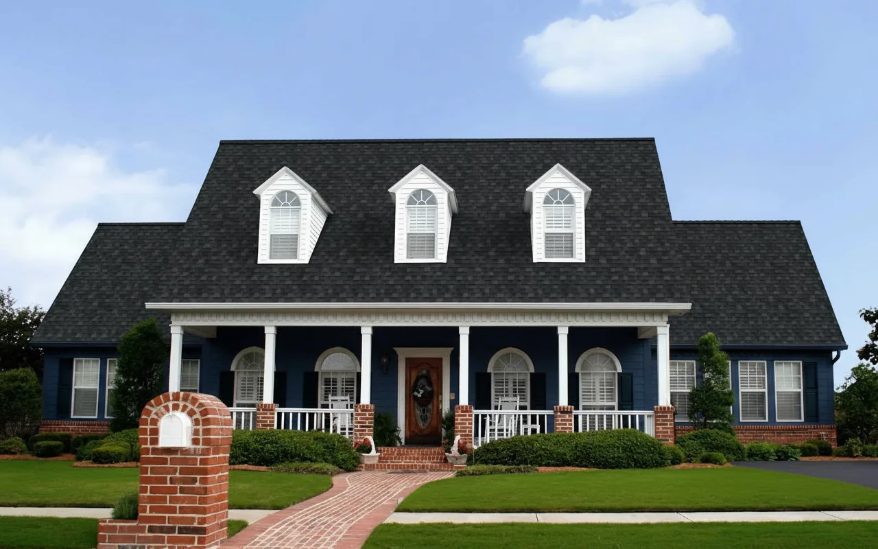 Navy house with Black roof using Duration Onyx Black