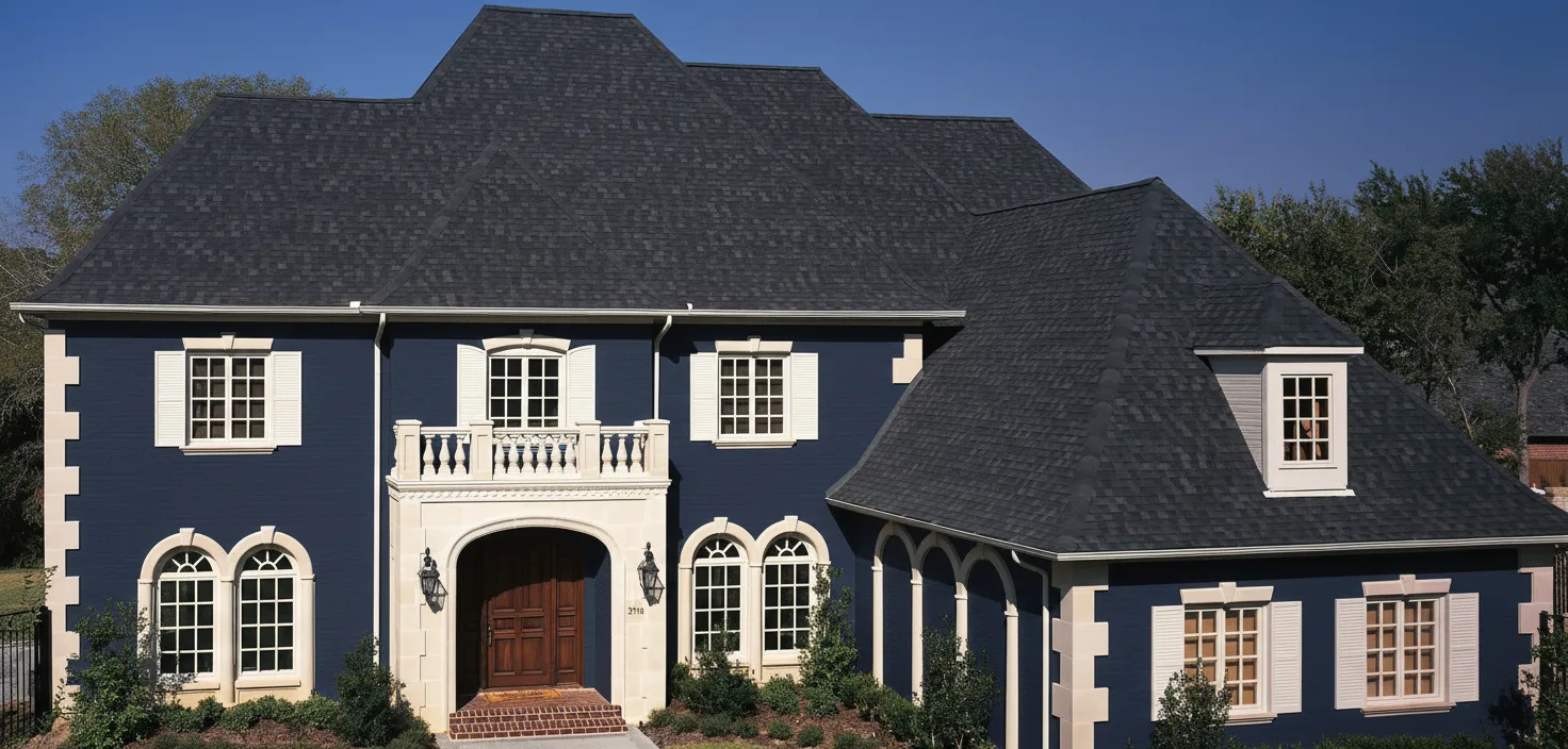 Navy house with Black roof using Heritage Rustic Black