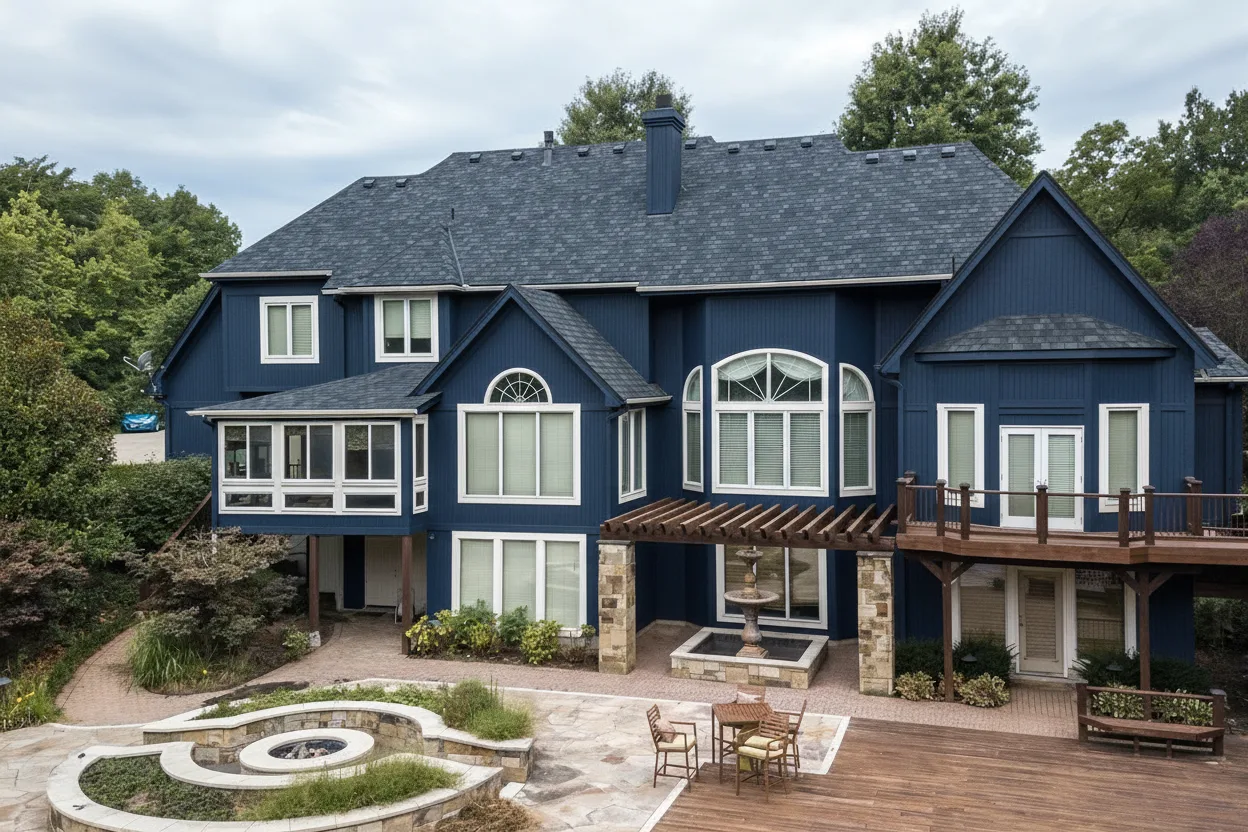 Navy house with Charcoal roof using Belmont Black Granite