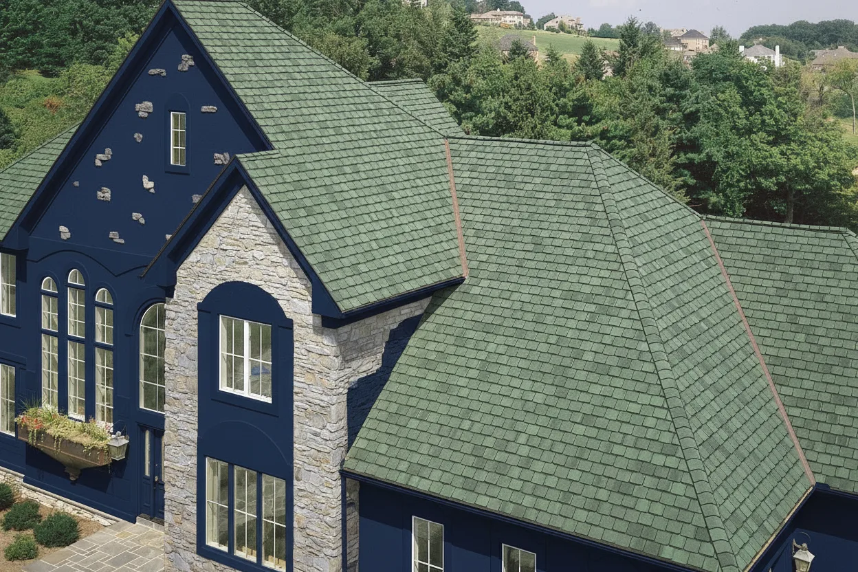 Navy house with Charcoal roof using Grand Manor Sherwood Forest