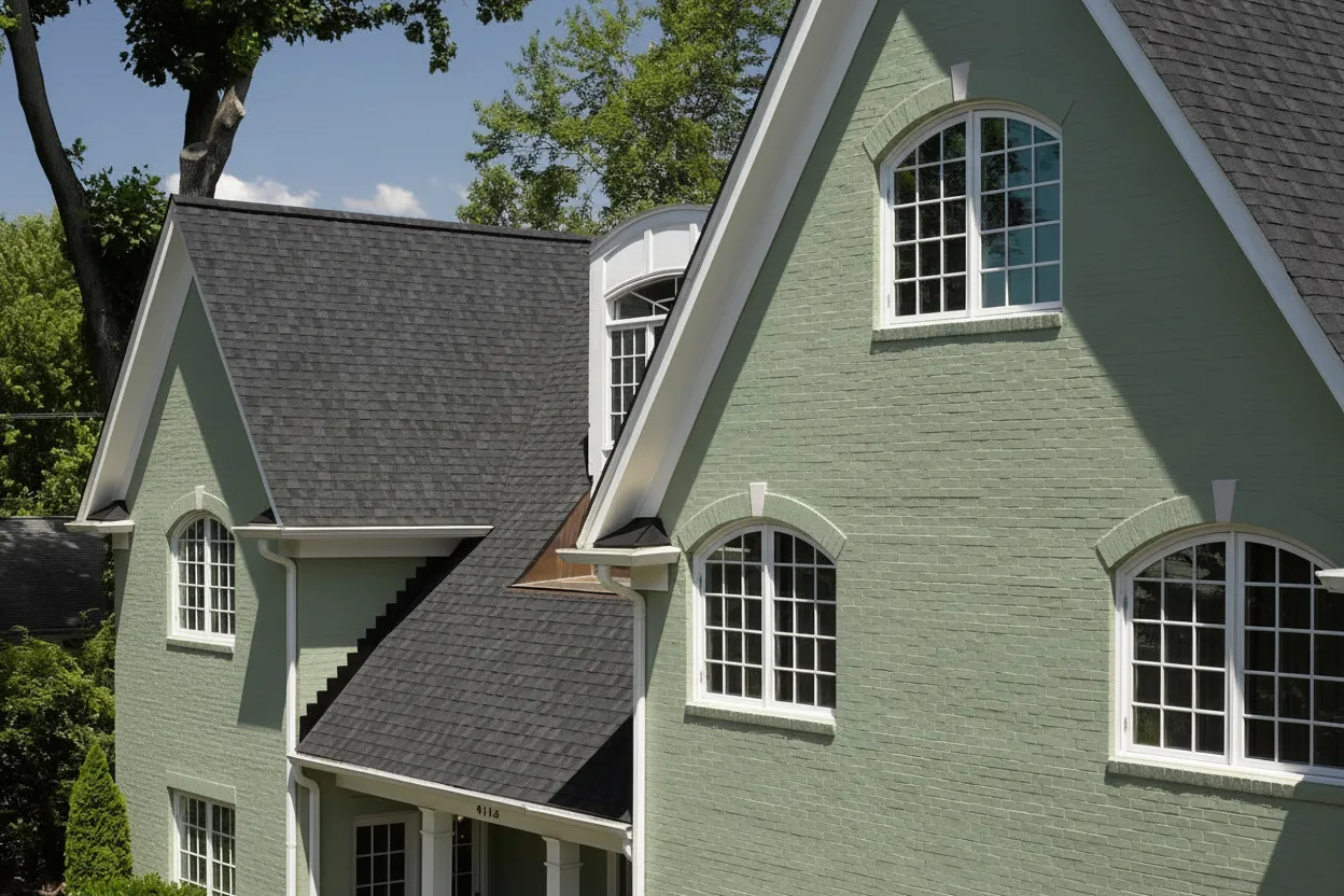 Sage Green house with Black roof