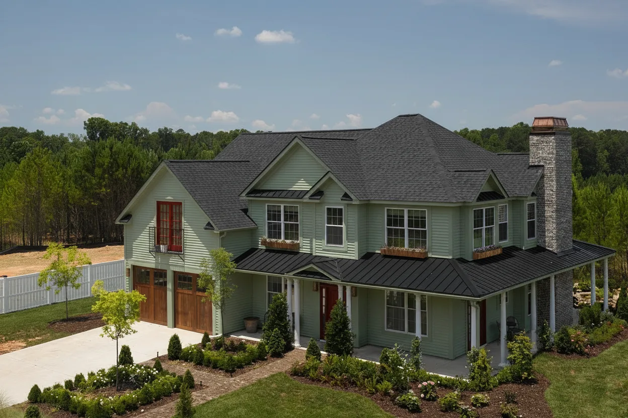 Sage Green house with Black roof using Landmark Pro Cinder Black