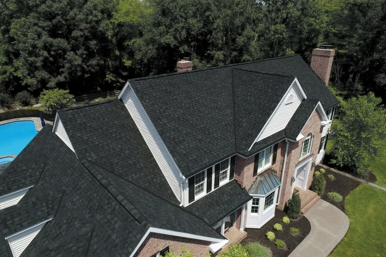 Sage Green house with Black roof using Dynasty Granite Black
