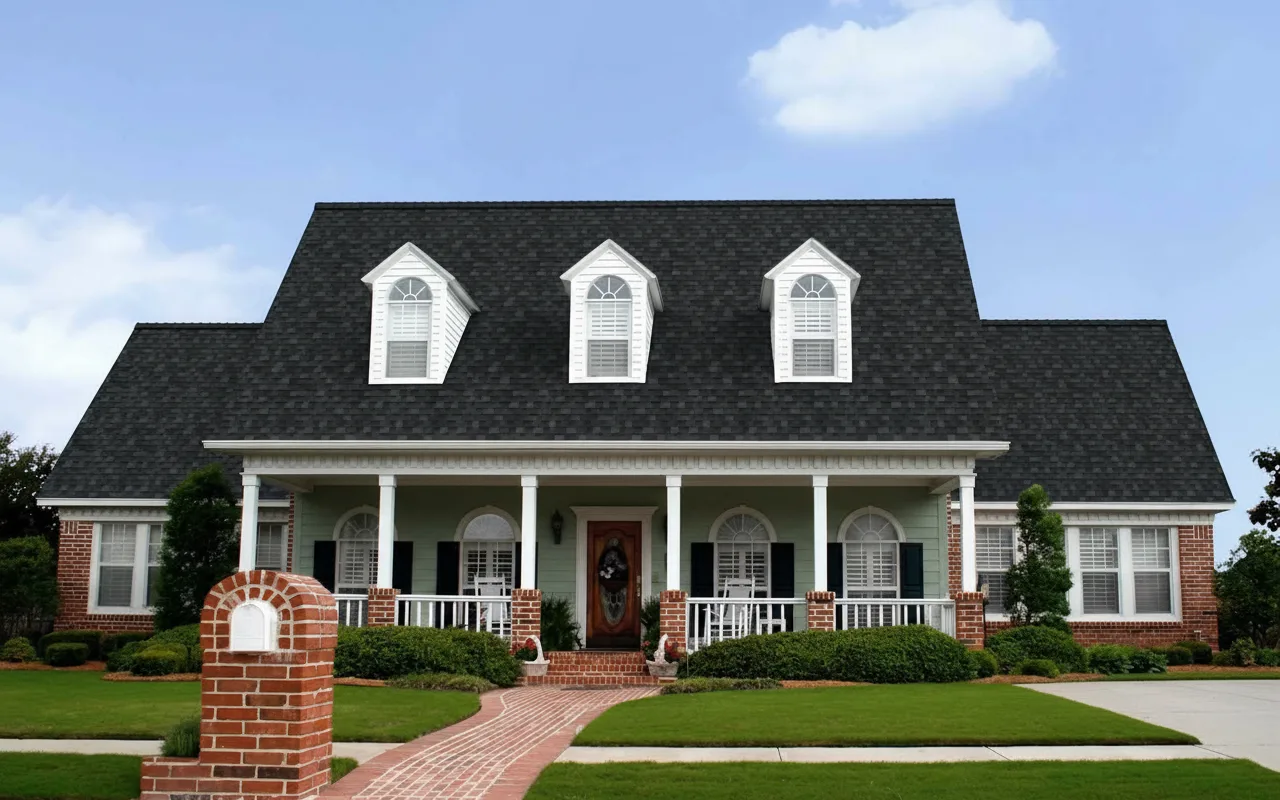 Sage Green house with Black roof using Duration Onyx Black