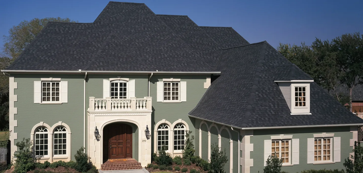 Sage Green house with Black roof using Heritage Rustic Black