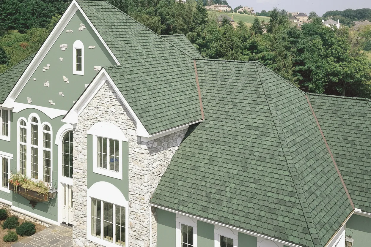 Sage Green house with Charcoal roof using Grand Manor Sherwood Forest