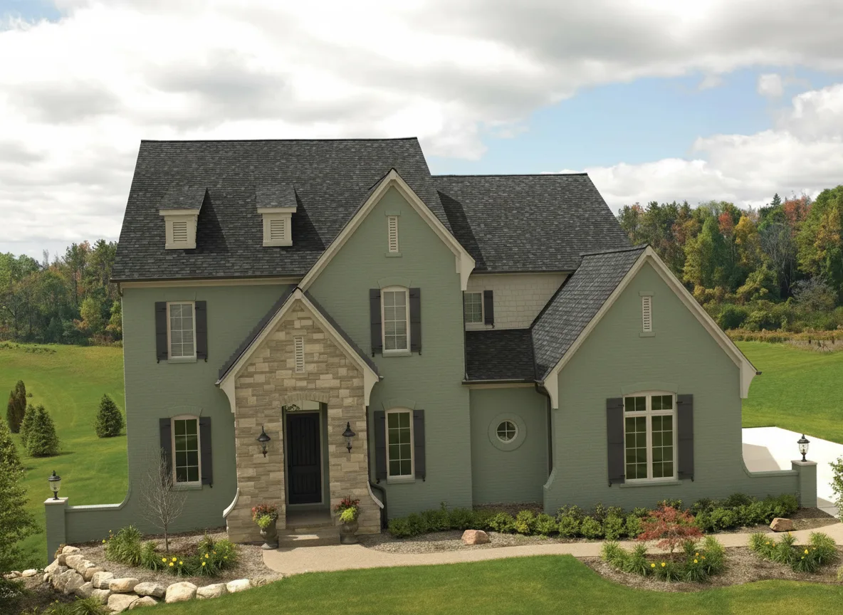 Sage Green house with Charcoal roof using Cambridge Harvard Slate
