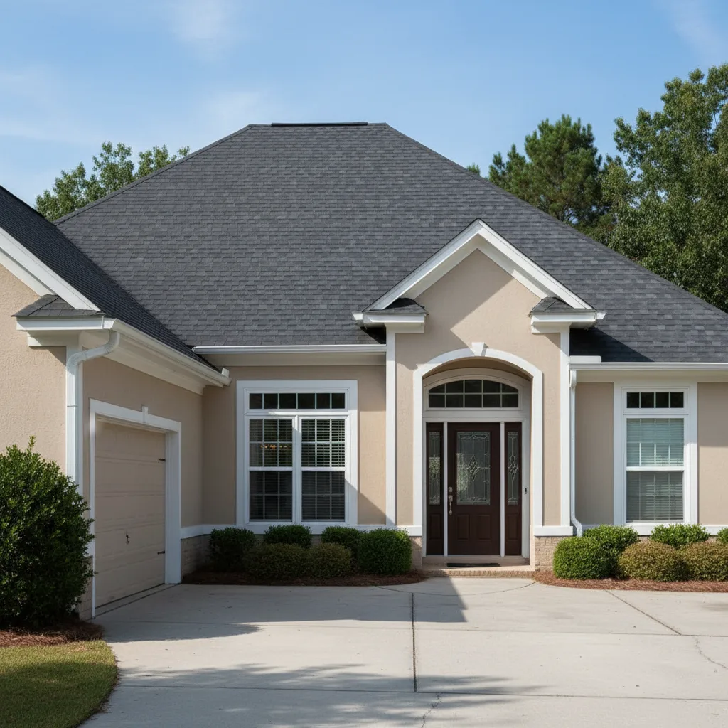Tan house with Black roof using Royal Estate Shadow Slate