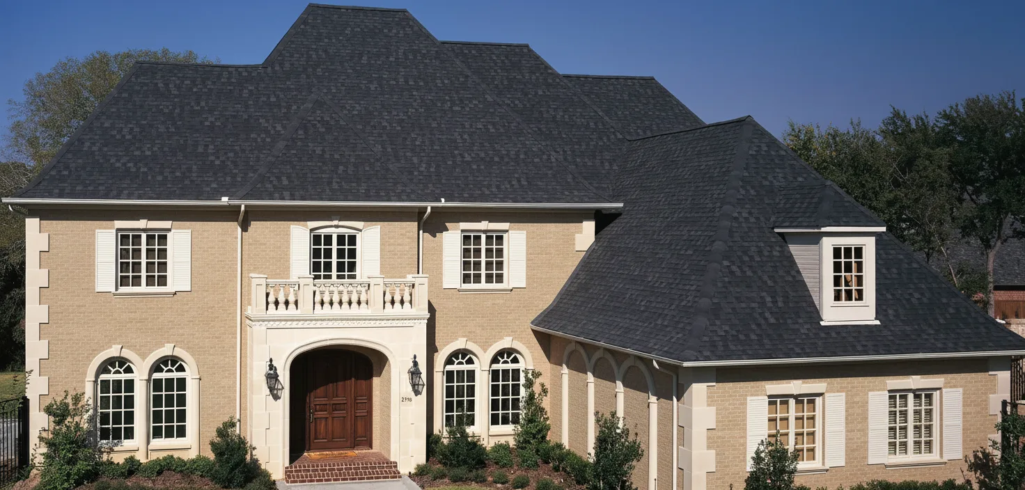 Tan house with Black roof using Heritage Rustic Black