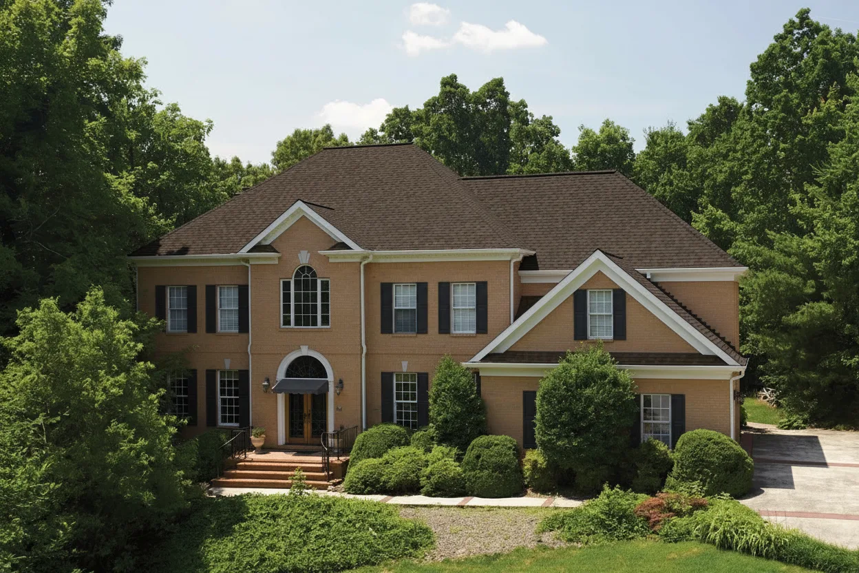 Tan house with Brown roof using Landmark Pro Max Def Heather Blend