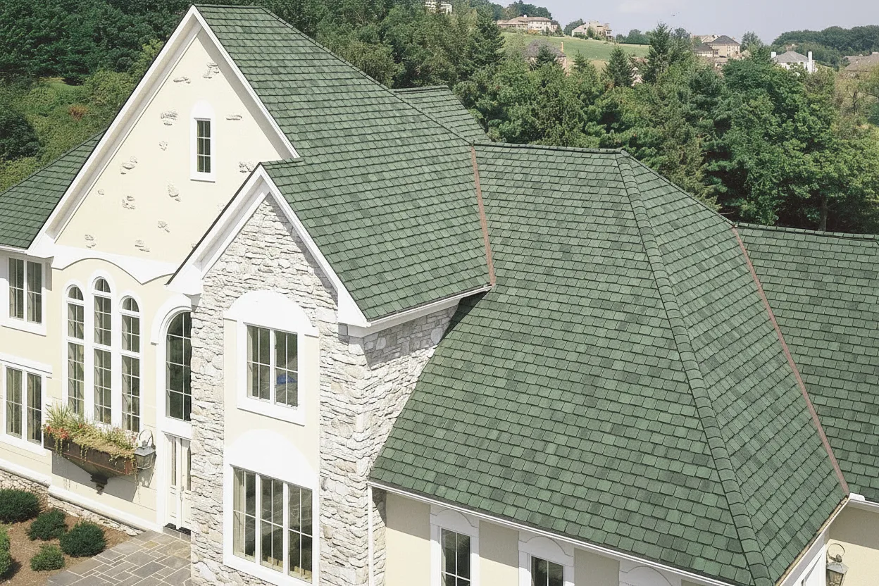 Tan house with Charcoal roof using Grand Manor Sherwood Forest