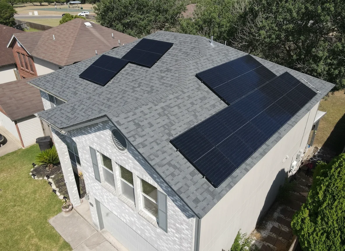 Tan house with Charcoal roof using Duration Estate Gray
