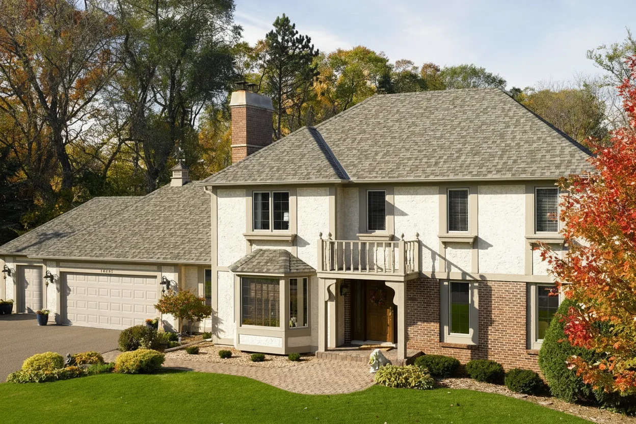 Tan house with Weathered Wood roof using Northgate Climateflex Max Def Weathered Wood