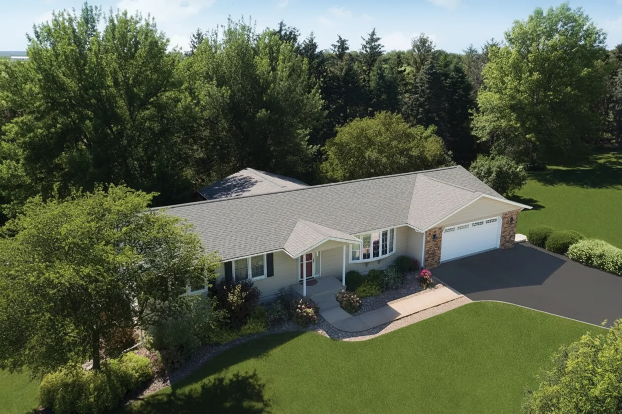 Tan house with Weathered Wood roof using Vista Weathered Wood