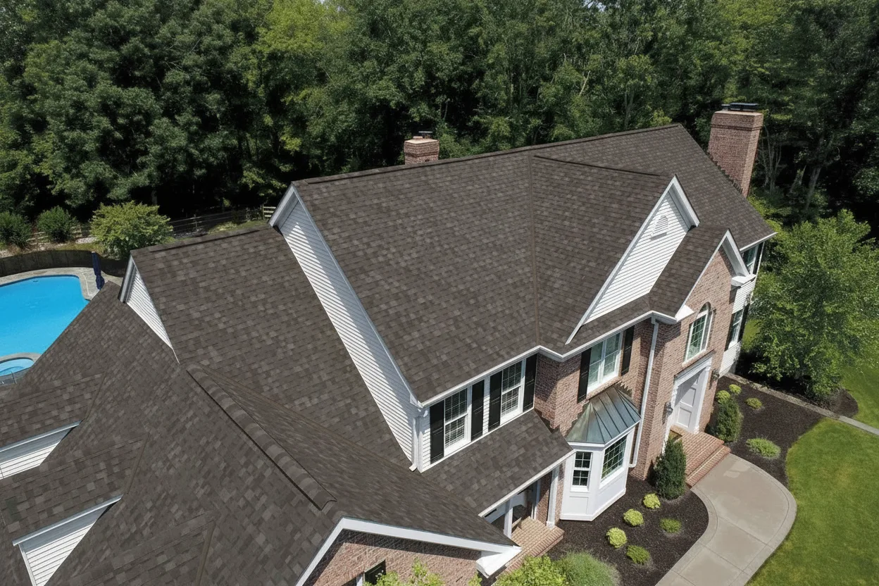 Taupe house with Black roof using Dynasty Granite Black