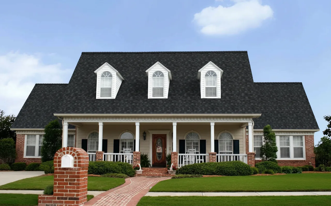 Taupe house with Black roof using Duration Onyx Black