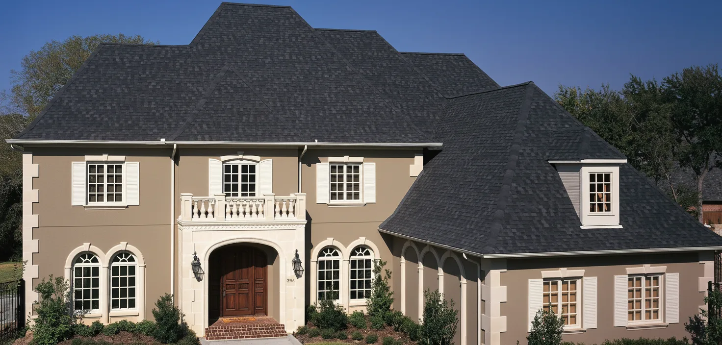 Taupe house with Black roof using Heritage Rustic Black