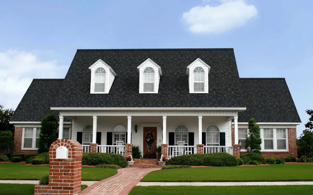White house with Black roof using Duration Onyx Black