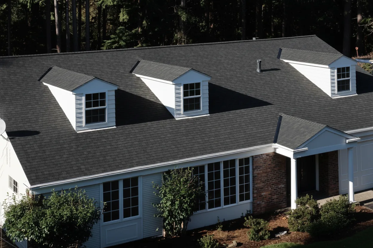 White house with Brown roof using Landmark Black Walnut
