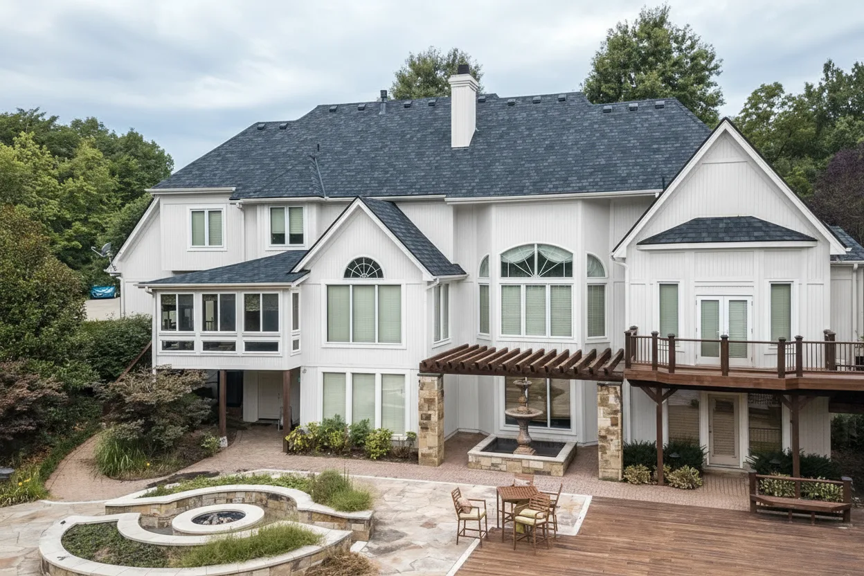 White house with Charcoal roof using Belmont Black Granite