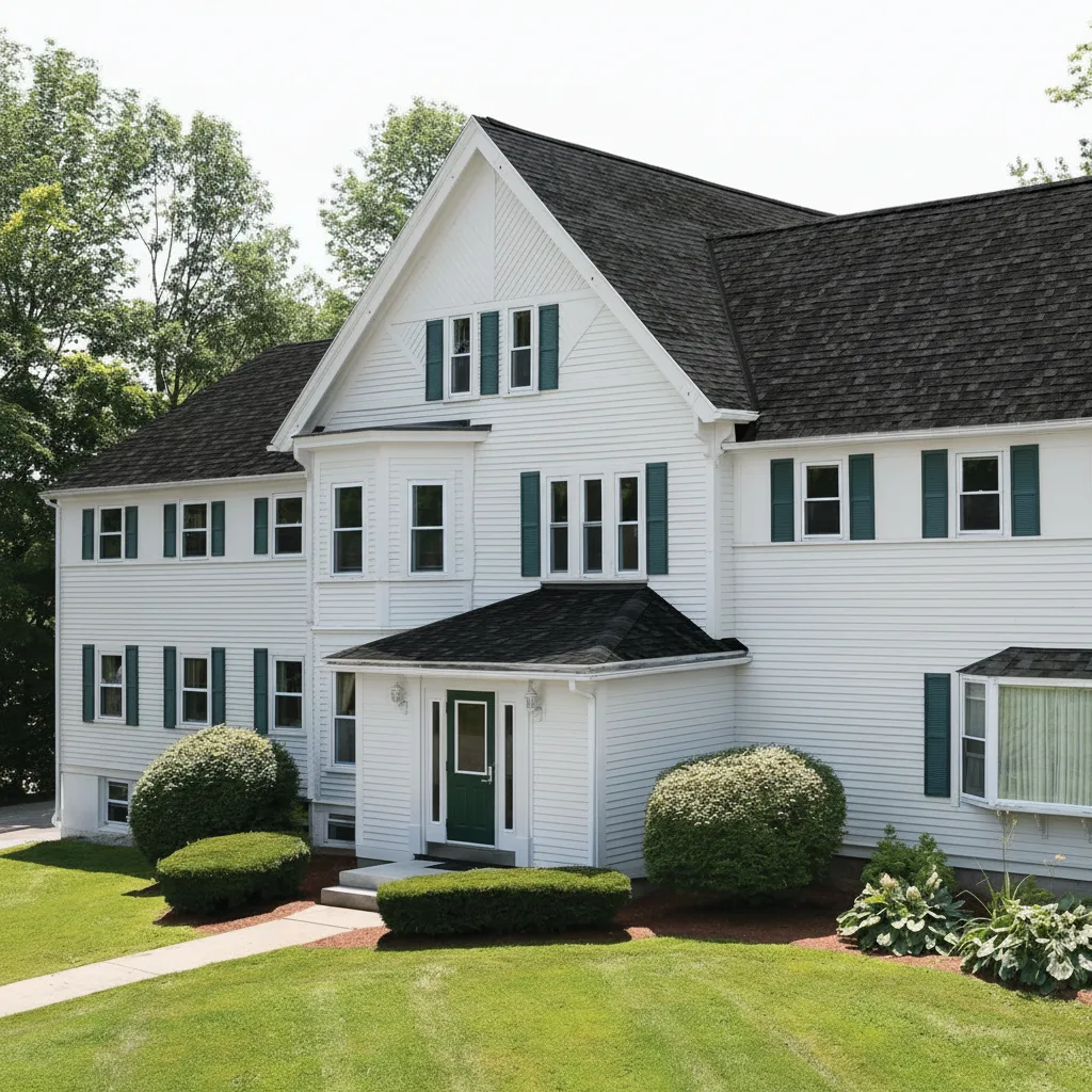 White house with Charcoal roof using Cambridge Charcoal Grey