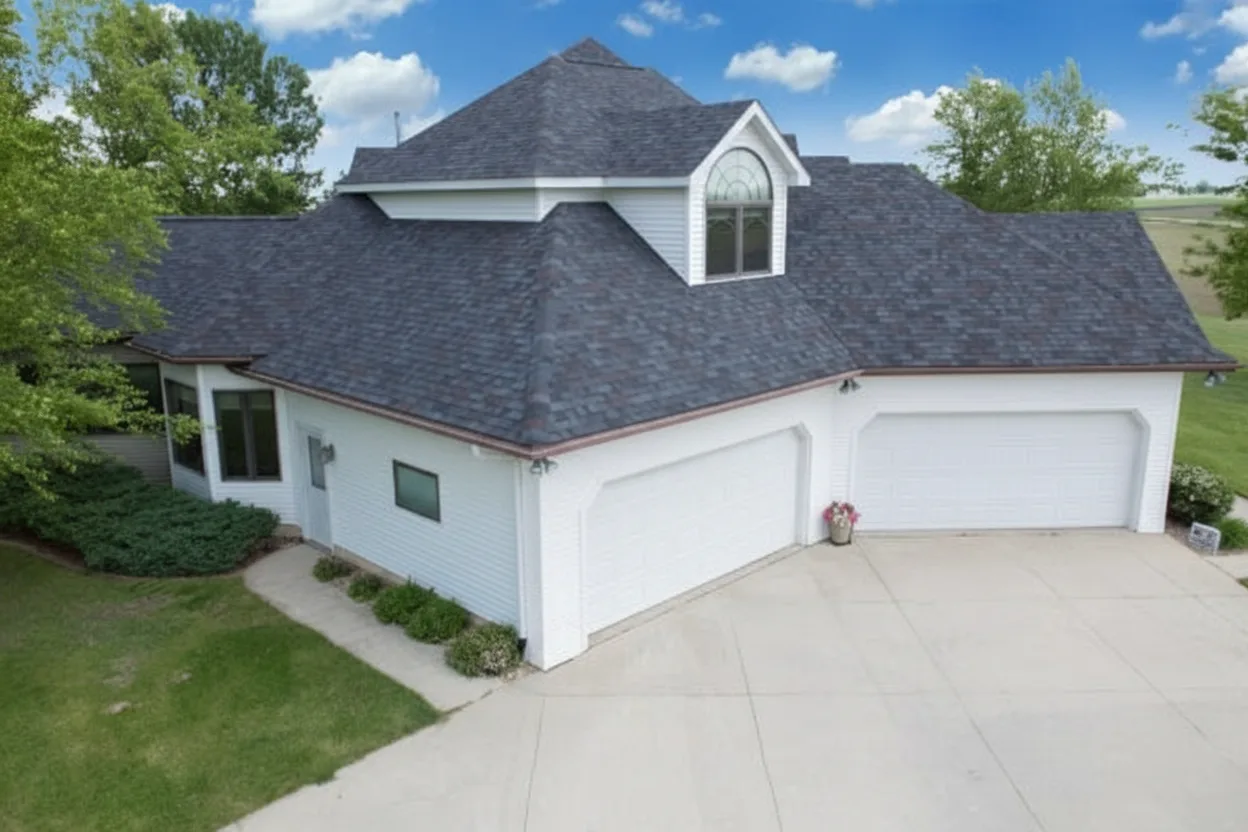 White house with Charcoal roof using Legacy Black Oak