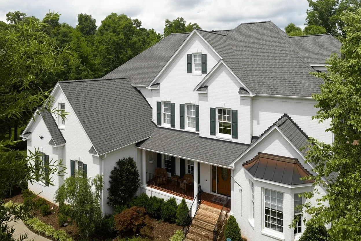White house with Weathered Wood roof using Landmark Driftwood