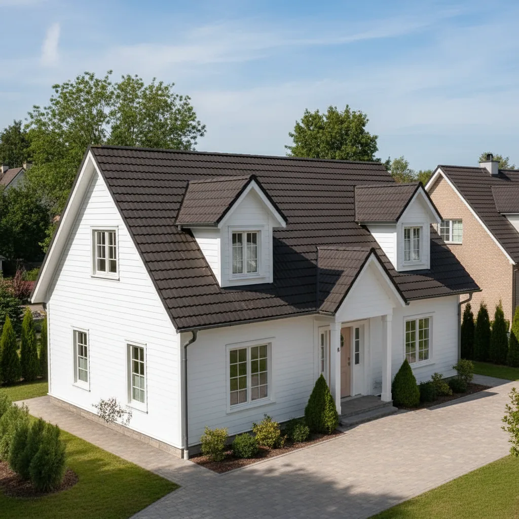 White house with Weathered Wood roof using Cambridge Driftwood