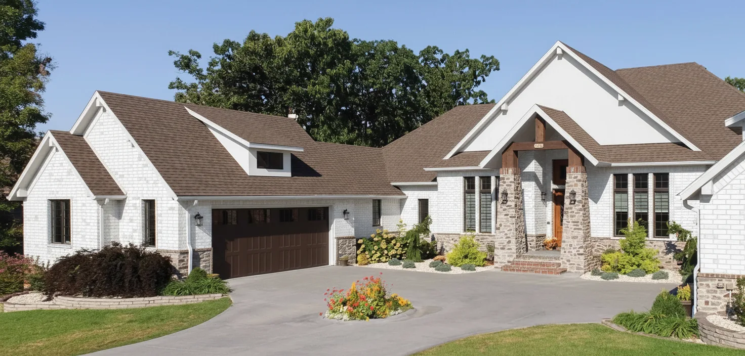 White house with Weathered Wood roof using Heritage Weathered Wood