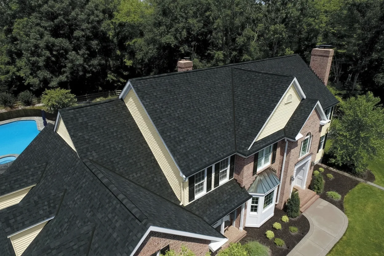 Yellow house with Black roof using Dynasty Granite Black