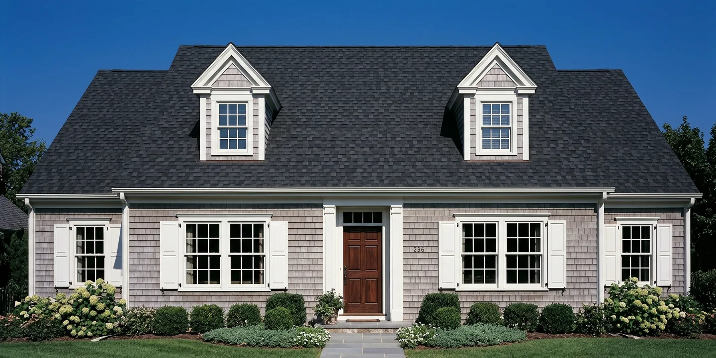 Cape Cod home with Black roof -- TAMKO Heritage Rustic Black (front)
