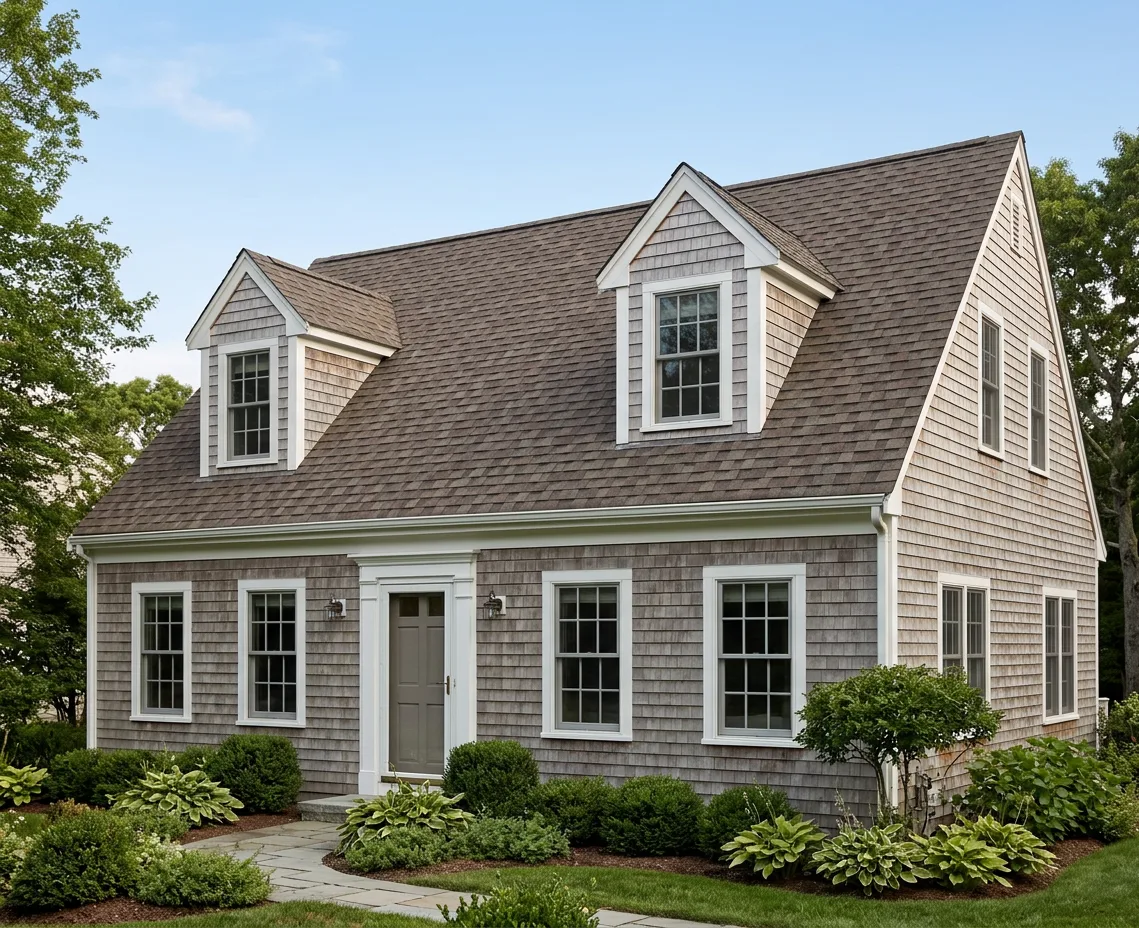 Cape Cod home with Brown roof -- Atlas Pinnacle Pristine WEATHERED SHADOW (right-34)